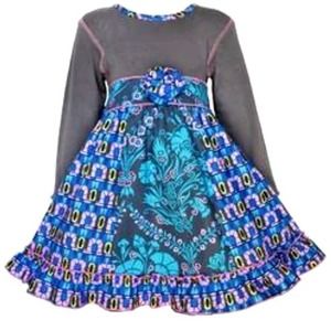 Ann Loren Little Girl's Gray Blue Floral Geometric Long Sleeve Knit Dress 9/10